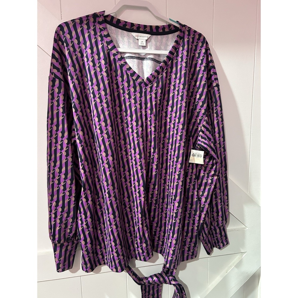Liz‎ Claiborne Womens Tie Waist Blouse Sz 2X Purple Geometric Casual NWT Career